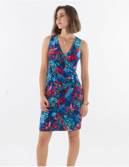 Short draped dress with Hawaiian print