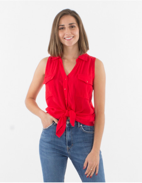 Chemisier uni rouge sans manches basique femme avec deux poches avant