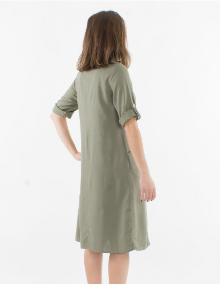 Robe basique courtes à manches courtes vert kaki avec lin et col rond