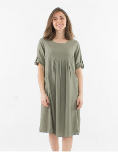 Women's short dress with front gathers and 3/4 sleeves solid color khaki green