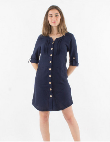 Short dress with 3/4 sleeves buttoned at the front color navy blue