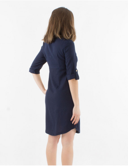 Robe femme à manches 3/4 avec revers et boutons à l'avant unie bleu marine