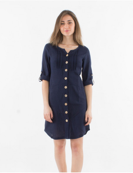 Little dress with 3/4 sleeves linen and plain navy blue buttons