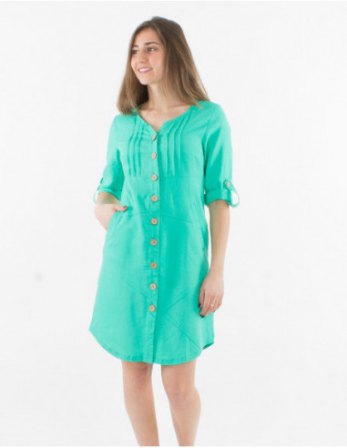 Short dress with 3/4 sleeves buttoned at the front color blue