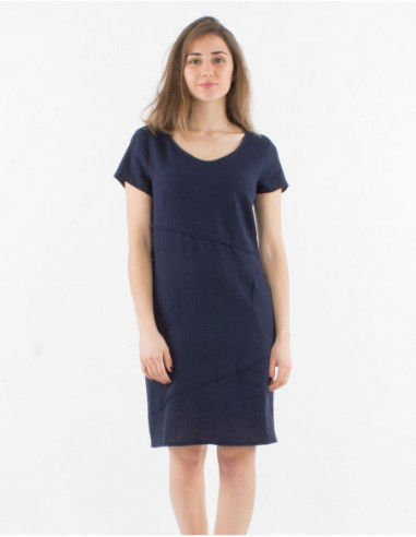Robe courte à manches courtes simple et chic à col V couleur bleu marine