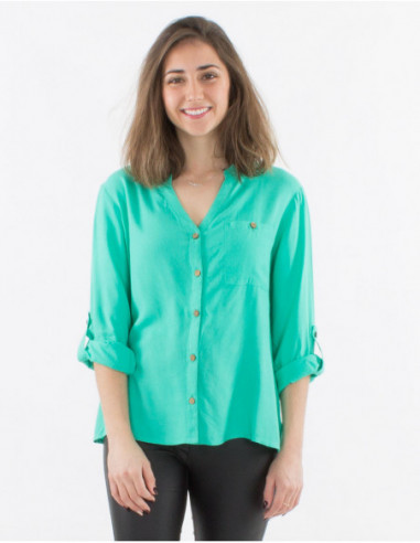 Women's button-down shirt with 3/4 adjustable sleeves, solid color, blue