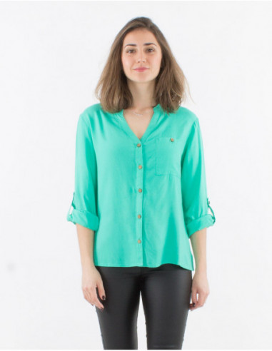 Women's button-down shirt with 3/4 adjustable sleeves, solid color, mint green