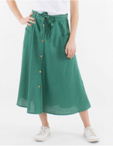 Jupe longue boutonnée femme avec lin et poches avant basique uni vert