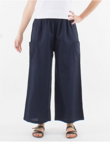 Pantalon large femme avec poches sur les côtés basique d'été uni bleu marine