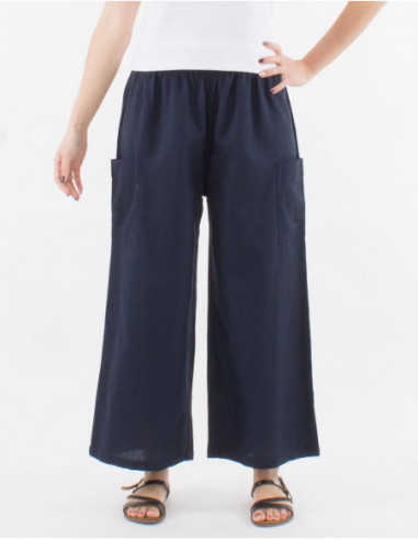 Pantalon large femme avec poches sur les côtés basique d'été uni bleu marine