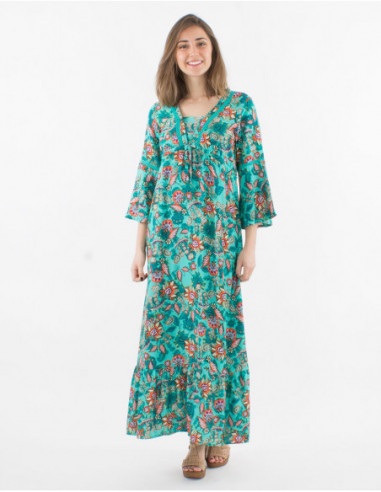 Robe longue originale femme manches 3/4 volantées col v et motif menthe estival de fleurs