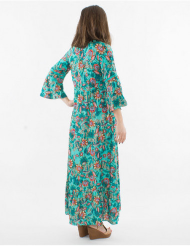 Robe longue d'été pour femme bohème manches 3/4 imprimé fleuri menthe