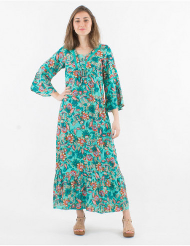 Robe longue fluide manches 3/4 femme motifs fleurs boho menthe