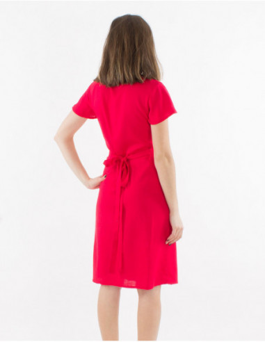 Robe courte femme basique framboise portefeuille en viscose et lin