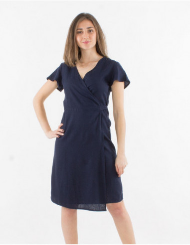Robe d'été chic basique unie  bleu marine pour femme coupe portefeuille manches courtes