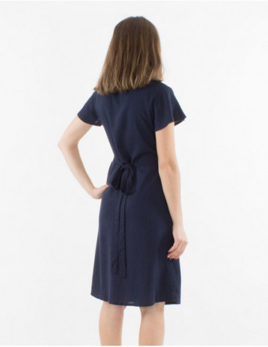 Robe courte femme basique marine portefeuille en viscose et lin