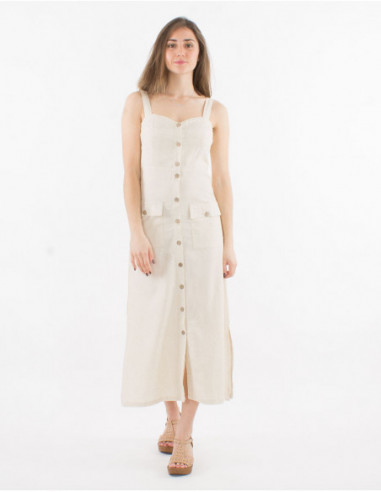 Robe longue d'été femme avec lin couleur écru à boutons et coupe tendance cintrée