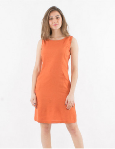 Robe femme uni rouille avec lin basique sans manches