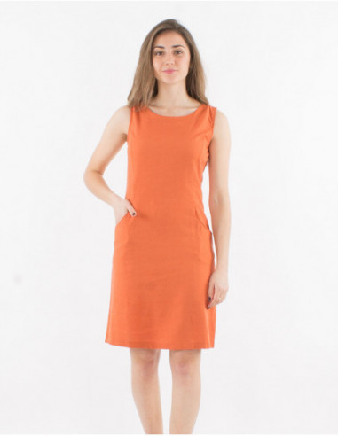 Robe courte évasée sans manches femme uni rouille avec lin