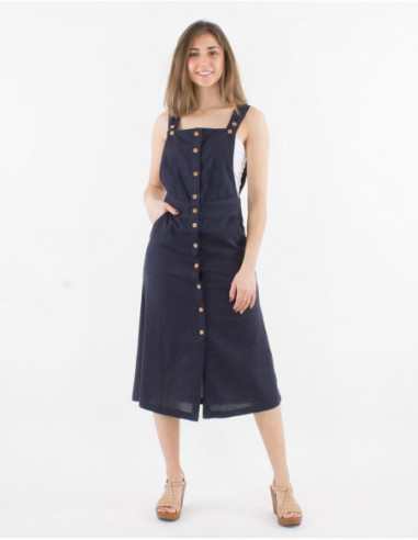 Robe longueur mollet d'été pour femme avec boutons style salopette basique et chic unie bleu marine