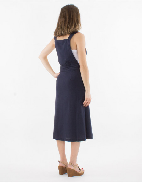 Robe longue effet salopette boutonnée femme originale tendance bleu marine