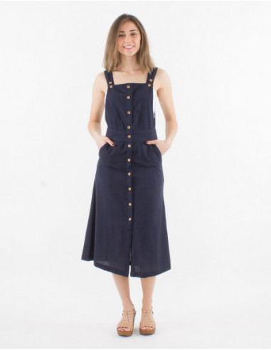 Robe longue à boutons et bretelles chic et tendance pour femme uni basique bleu marine