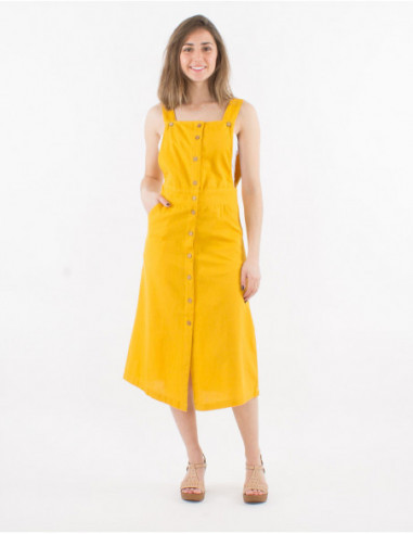 Robe longue effet salopette boutonnée femme originale tendance jaune moutarde