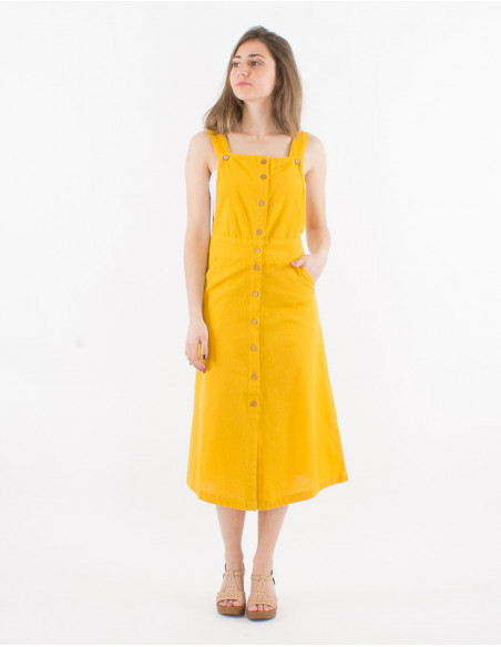 Robe longueur mollet d'été pour femme avec boutons style salopette basique et chic unie jaune moutarde