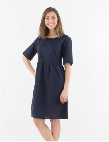 Robe courte patineuse à manches courtes et col rond en coton et lin chic bleu marine