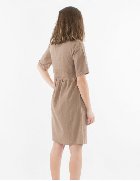Petite robe basique coupe patineuse à manches courtes femme couleur unie marron taupe