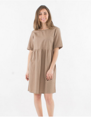 Robe courte patineuse à manches courtes et col rond en coton et lin chic marron taupe