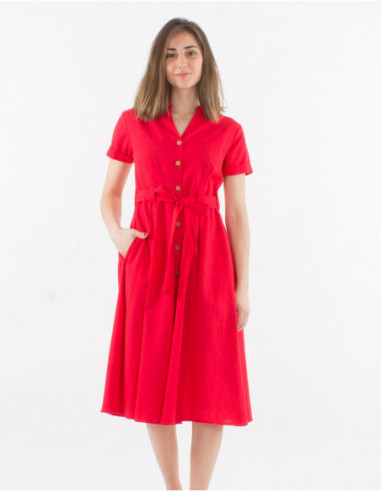 Women's summer calf length dress with buttons and pockets short sleeves chic red
