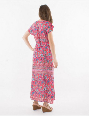 Robe longue féminine d'été fendue avec liens à la taille esprit bohème chic motif fleuri rose corail