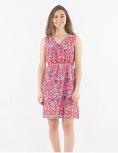 Robe courte sans manches cintrée à la taille avec un élastique confortable à motif boho fleuri rose corail