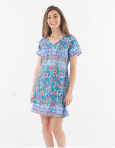 Petite robe coupe basique courte à manches courtes pour l'été avec imprimé bohème chic fleuri bleu petrole