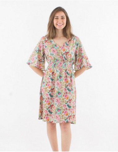 Robe courte patineuse à manches 3/4 fluide avec taille cintrée et imprimé bariolé baba cool fleuri bleu pétrole