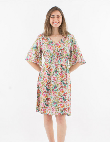 Robe courte patineuse femme col v et élastique à la taille avec motif bohème fleuri coloré écru