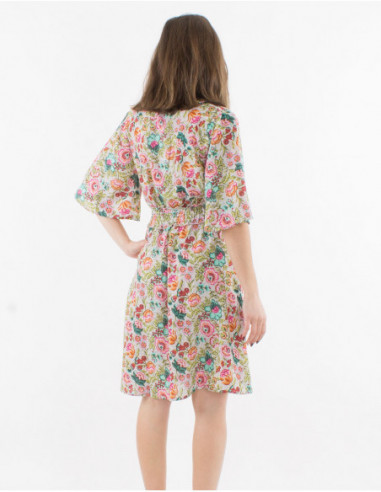 Robe courte patineuse à manches 3/4 fluide avec taille cintrée et imprimé bariolé baba cool fleuri écru