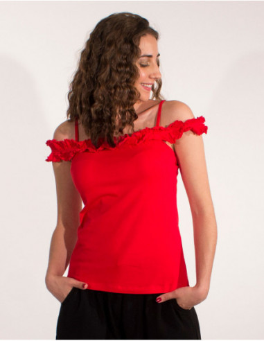 Top chic d'été avec volant sur les épaules pour femme uni rouge