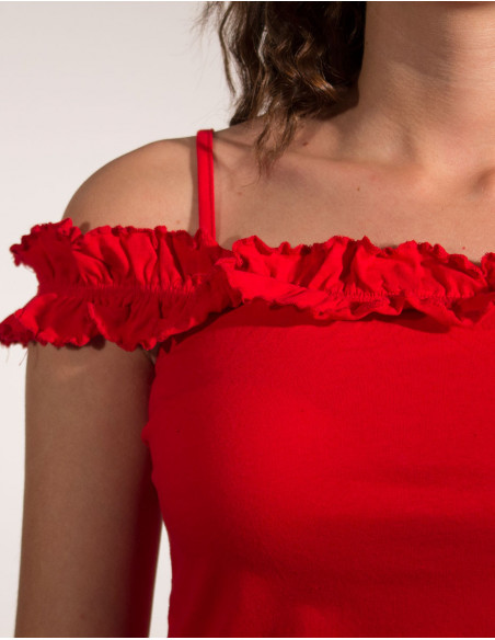 Basic plain red tank top for women with frilly band on the chest