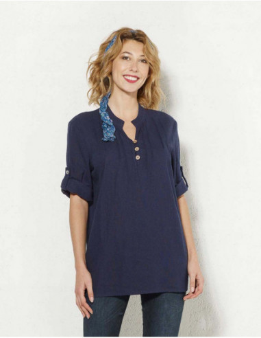 Basic tunic with short sleeves and pleats on the chest plain navy blue