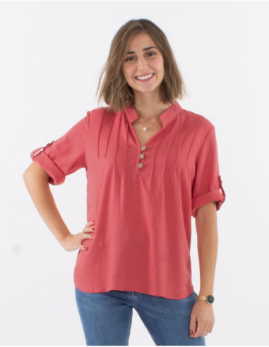 Basic tunic with short sleeves and pleats on the chest plain old pink