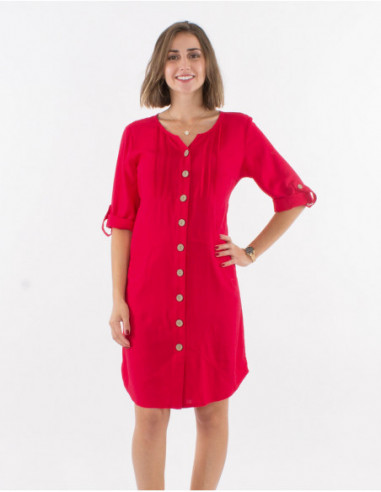 Short dress with 3/4 sleeves buttoned at the front color red