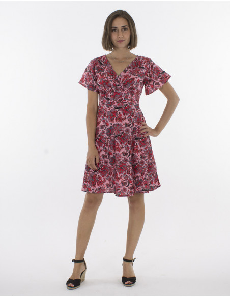 Robe courte fleuri bohème pour femme courte à manches courtes rose fuchsia