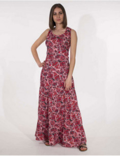 Robe longue sans manches fleurie bohème rose fuchsia
