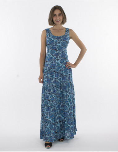 Robe longue sans manches fleurie bohème bleu