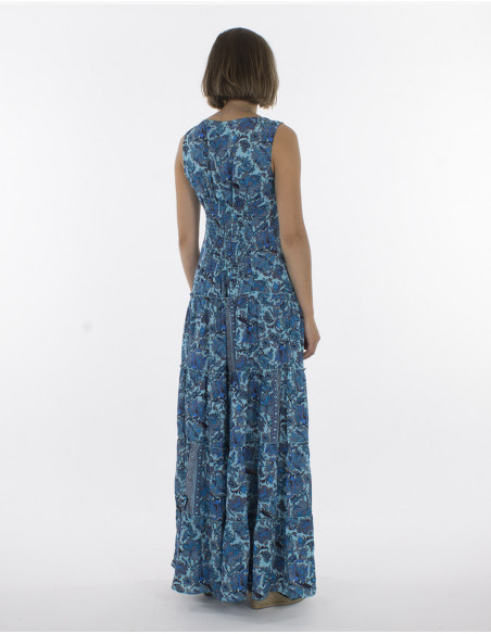 Robe longue boho chic évasée pour femme imprimé fleurs bleu