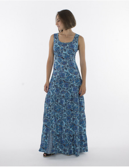 Robe d'été longue sans manches pour femme motifs bleu fleuris