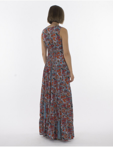Robe longue boho chic évasée pour femme imprimé fleurs bleu turquoise et noir