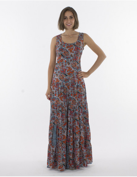 Robe d'été longue sans manches pour femme motifs bleu turquoise et noir fleuris